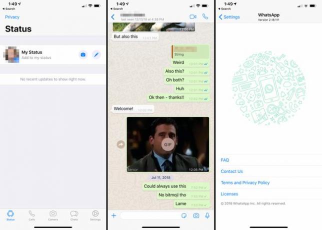 Trzy ekrany WhatsApp na iOS