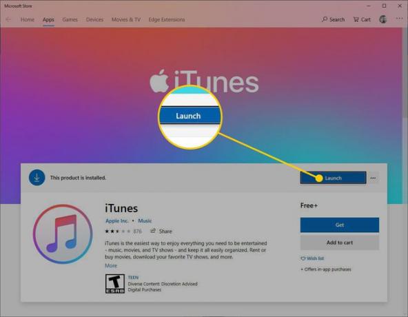 Başlat düğmesi vurgulanmış olarak Microsoft Store'da iTunes