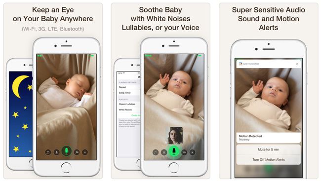 Trīs reklāmas attēli no lietotnes Cloud Baby Monitor iOS ierīcēm