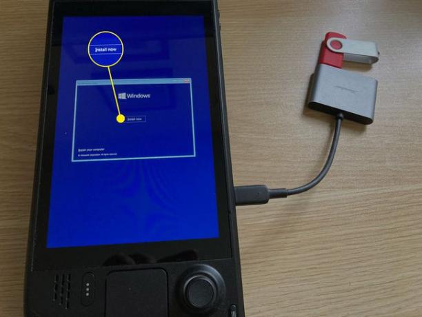 Instalar agora destacado no instalador do Windows em um Steam Deck.