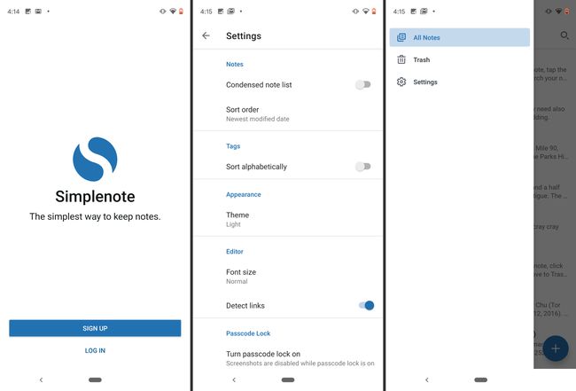 Simplenote drei Bildschirme von Android