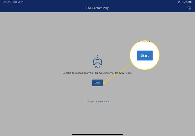Butonul Start în aplicația PS4 Remote Play