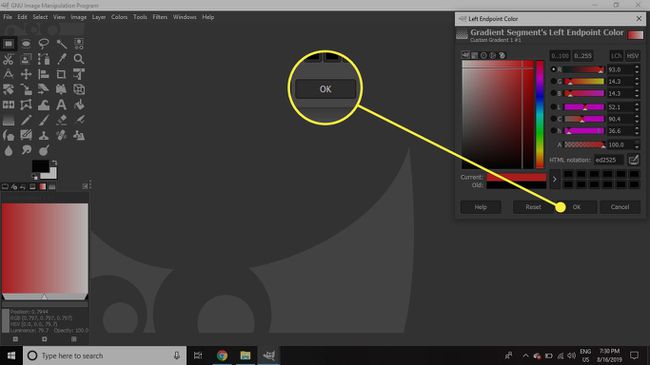 Posnetek zaslona okna Barva leve končne točke v GIMP z označenim gumbom V redu