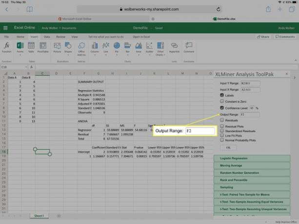 Ausgabebereich im XLMiner Analysis Toolpak