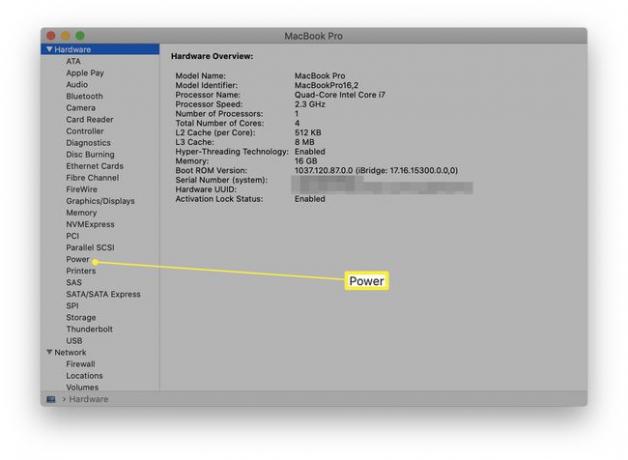 電源が強調表示されたMacBookProのシステム情報