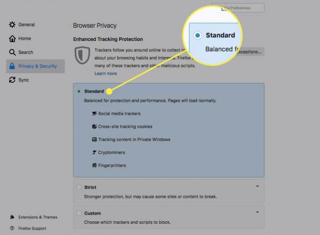 Una captura de pantalla de la privacidad del navegador Firefox con la opción Estándar resaltada