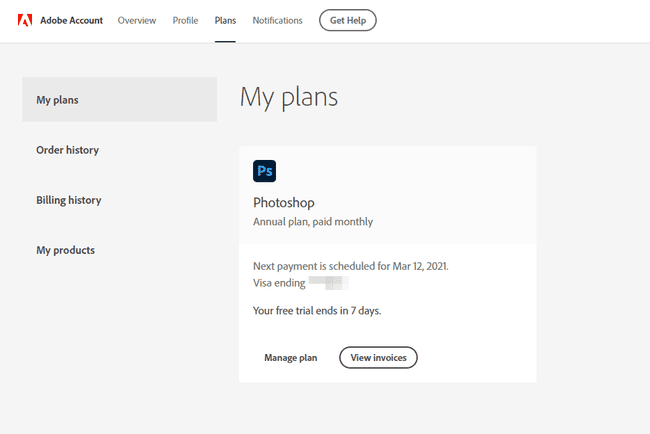 Bereich " Meine Pläne" des Adobe-Kontos mit aufgeführter Photoshop-Testversion