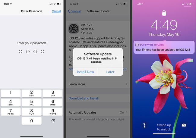 Die Bildschirme Passcode, Software-Update und Sperren auf dem iPhone