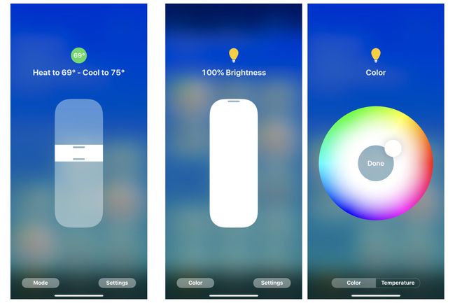 3 snímky obrazovky z aplikace iPhone Home: (vlevo) ovládací prvky nastavení termostatu, (uprostřed) jas lampy na 100 %, (vpravo) kruh pro výběr barvy lampy
