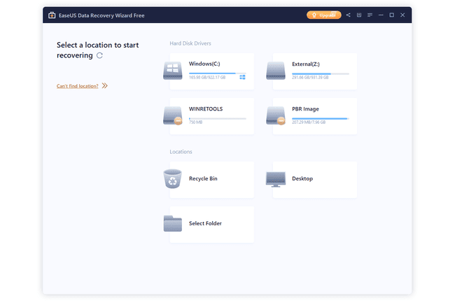 Vyberte umístění pro zahájení obnovy obrazovky v EaseUS Data Recovery Wizard Free