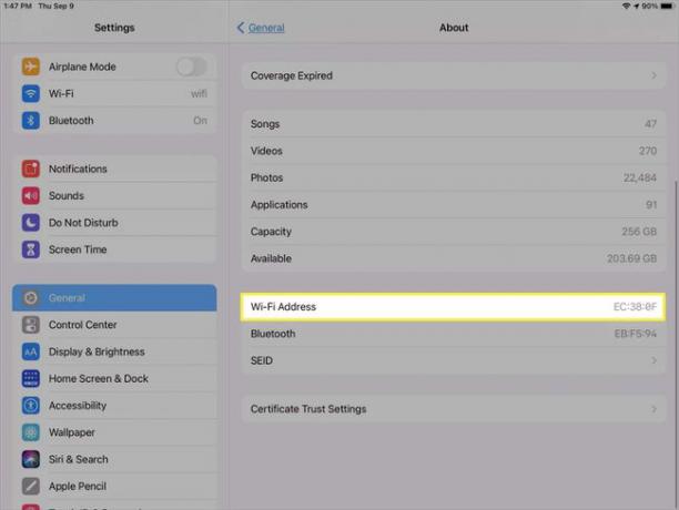 يسمى حقل عنوان MAC بعنوان Wi-Fi في iPadOS.