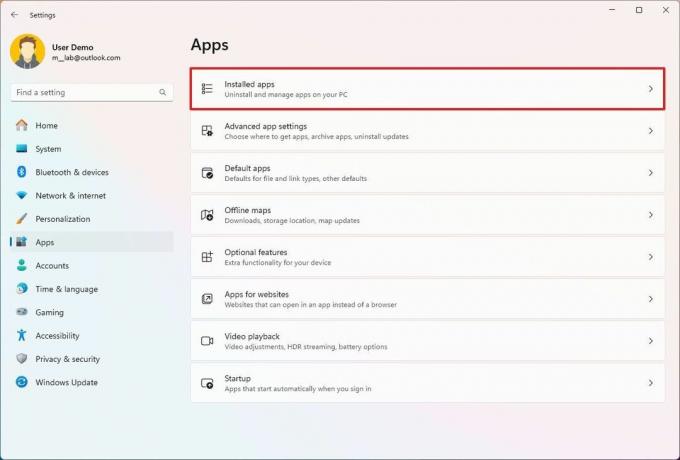 ตัวเลือกหน้าแอพที่ติดตั้ง Windows 11