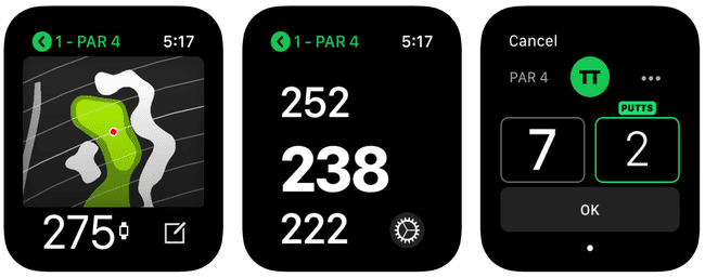 Zasloni aplikacije za golf Tag Heuer Apple Watch