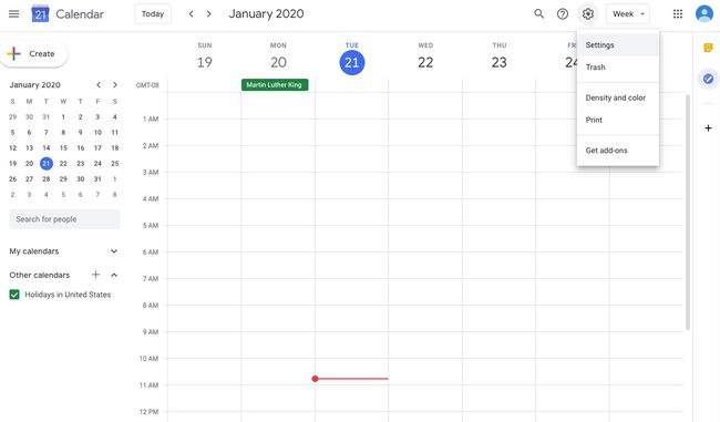 Screenshot van het Google Agenda-instellingenmenu