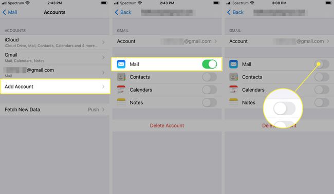 Passwörter & Konten, Gmail, Mail in den iOS-Einstellungen auf AUS umschalten