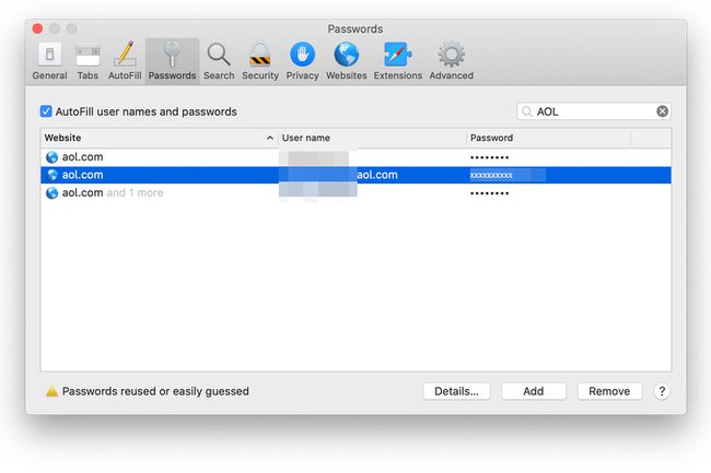 Mac Safari Jelszavak képernyő