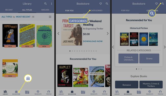 Икона на книжарница, категории и икона за търсене в приложението Nook за Android