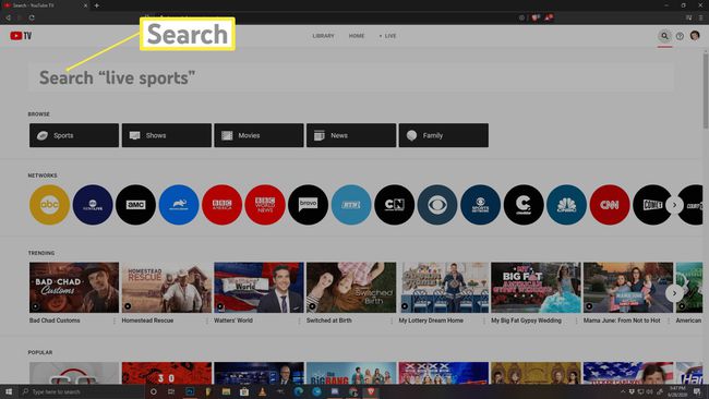 YouTubeTV検索ページのスクリーンショット。