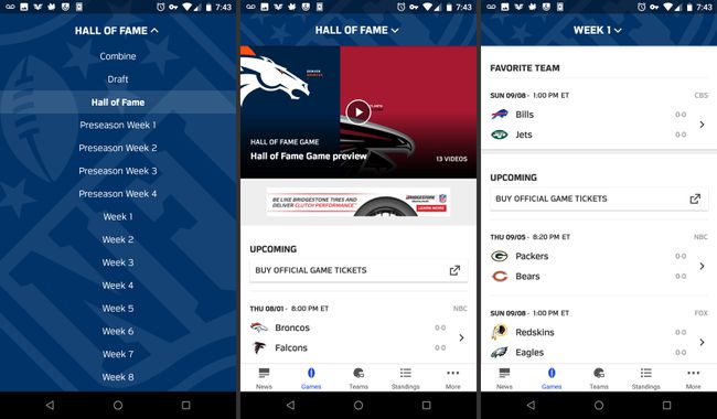ألعاب تطبيق الهاتف المحمول NFL والجدول الزمني