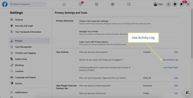 Бутонът „Използване на дневника на активността“ в настройките на Facebook