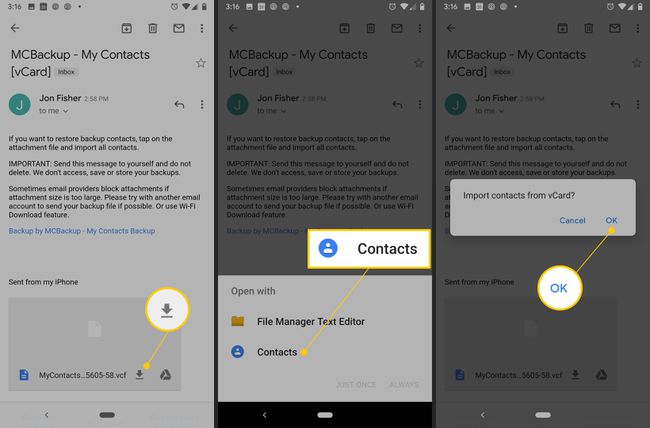 VCF-bijlage, Contacten-knop en OK-knop in Android
