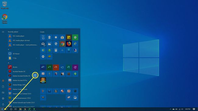 O menu Iniciar do Windows 10.