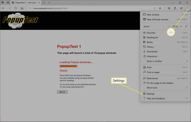 Navegador Edge que muestra el icono del menú y la configuración resaltada en el menú