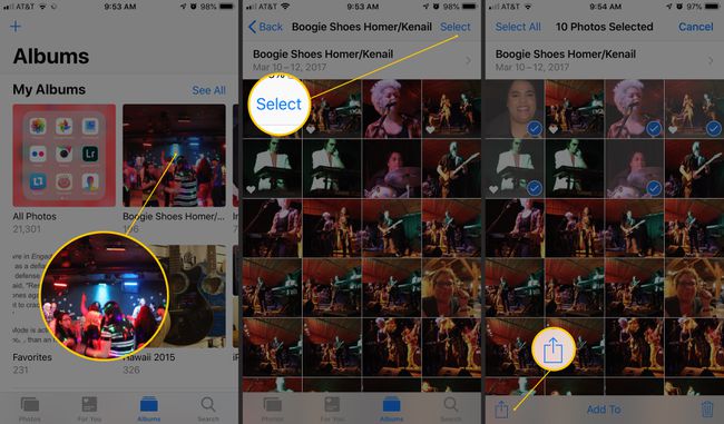 Três telas do iOS mostrando um álbum de fotos, o botão Selecionar e o botão Compartilhar no aplicativo Fotos