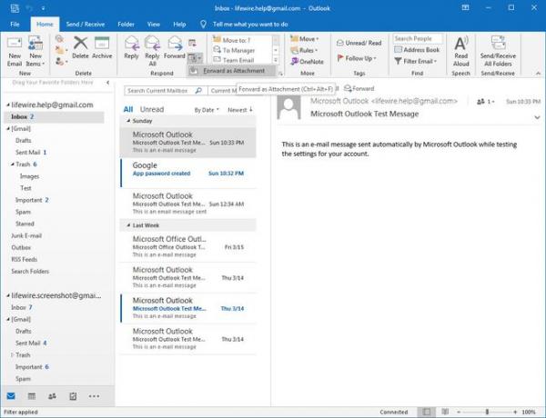 Outlook 2016 Als Anhang weiterleiten Menüpunkt ausgewählt