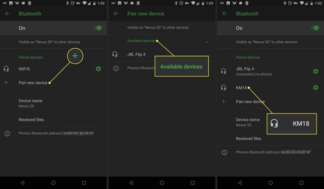 Zrzuty ekranu urządzenia z systemem Android pokazujące, jak sparować urządzenie przez Bluetooth