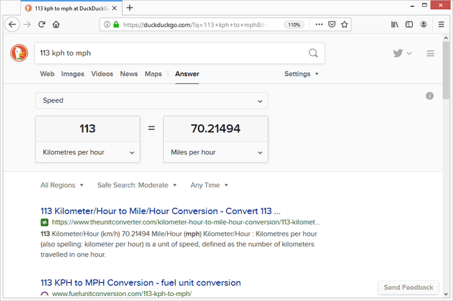 Conversión de km / h de DuckDuckGo a mph