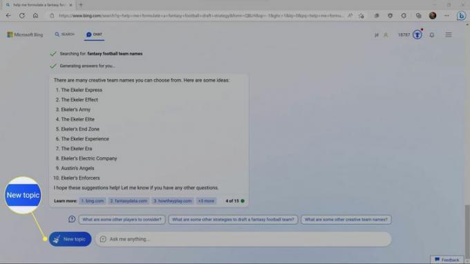 Bing AI チャットボット インターフェイスでハイライトされた新しいトピック。