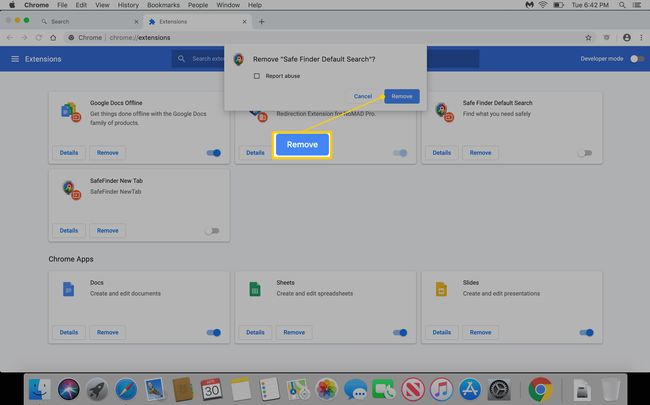 قم بإزالة الزر لإزالة امتداد Safe Finder