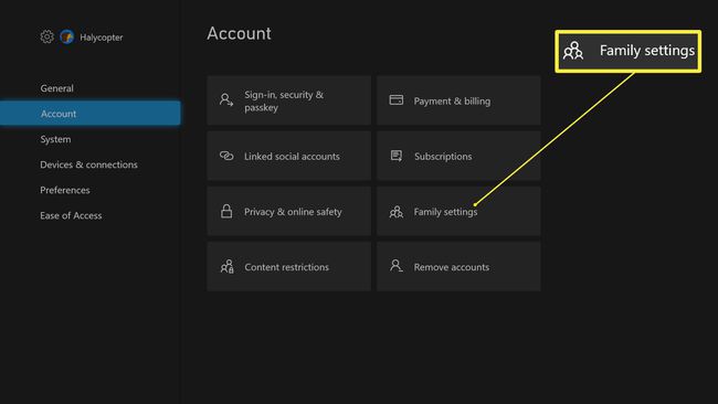 הגדרות Xbox Series XS עם הגדרות משפחתיות מסומנות