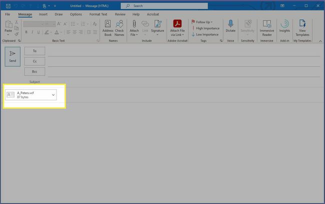 Messaggio di Microsoft Outlook con allegato vCard evidenziato