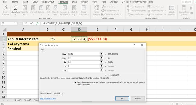 Ein Screenshot des PMT-Funktionsdialogfelds von Excel.