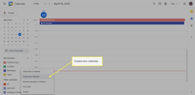Google ปฏิทินที่ไฮไลต์ตัวเลือก " สร้างปฏิทินใหม่" ไว้