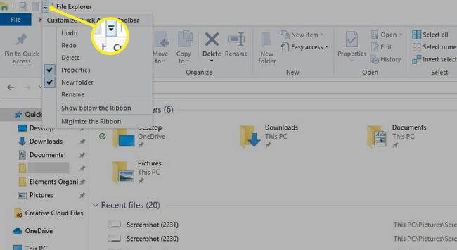 Pil ned i øverste venstre hjørne af File Explorer for at konfigurere værktøjslinjen Hurtig adgang