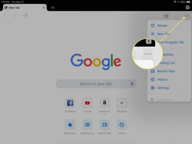 El menú Más en Chrome para iPad