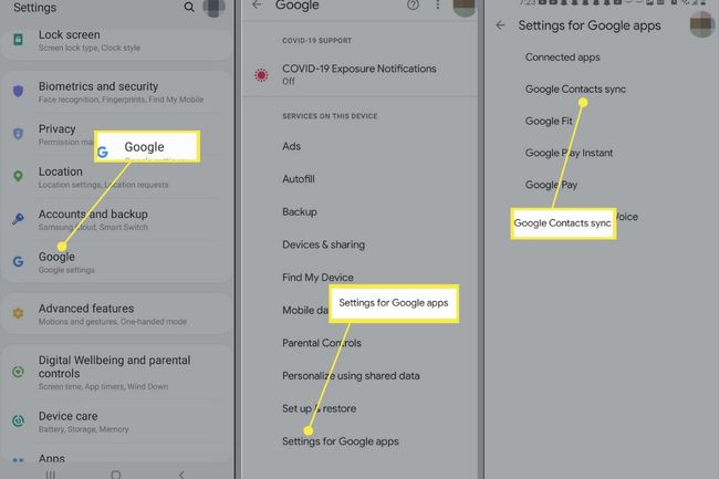 Google, Google-sovellusten asetukset ja Google-yhteystiedot synkronoidaan Android-asetussovelluksessa
