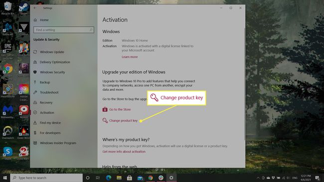 Nastavitve za aktiviranje sistema Windows 10 z označeno možnostjo »Spremeni ključ izdelka«.