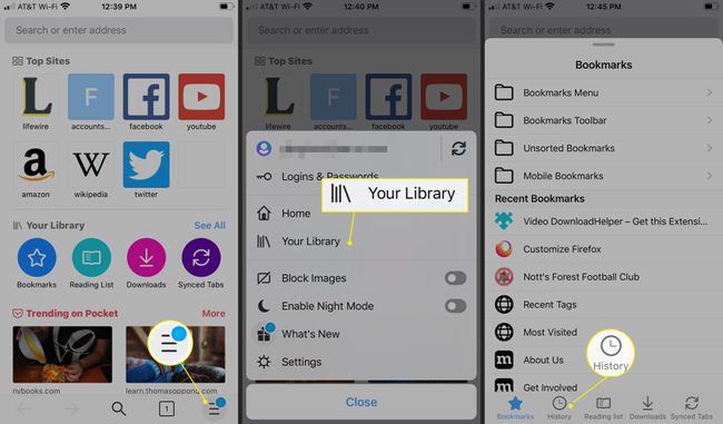 Dotknij Menu, Twoja biblioteka i Historia, aby usunąć historię wyszukiwania Firefoksa