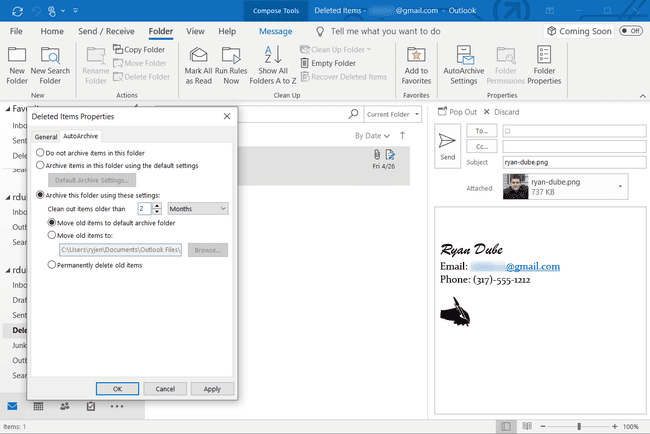 Screenshot des Eigenschaftenfensters für gelöschte Elemente in Outlook