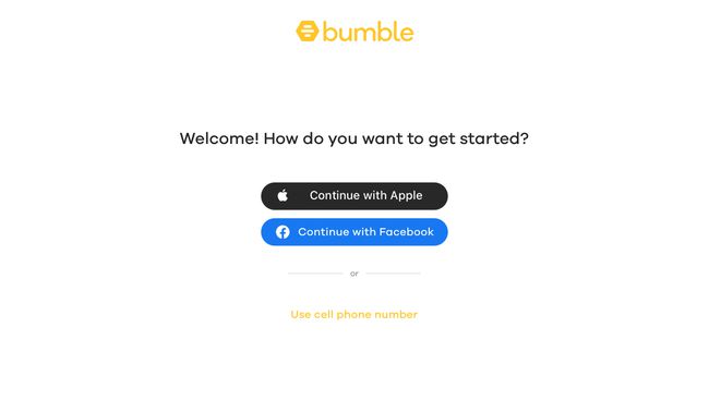 Bumble přihlašovací obrazovka zobrazující tři způsoby otevření účtu