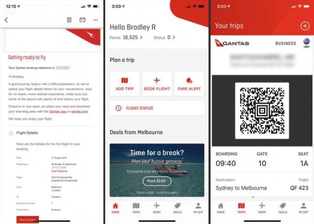 Snimke zaslona e-pošte zrakoplovne tvrtke i mobilne karte za ukrcaj u aplikaciji Qantas za iPhone.