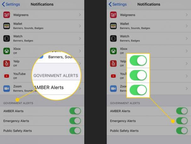 „iPhone“ pranešimų nustatymų skiltis Vyriausybės įspėjimai