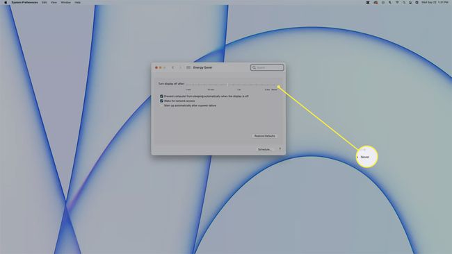 El control deslizante para apagar la pantalla se estableció en Nunca resaltado en macOS.