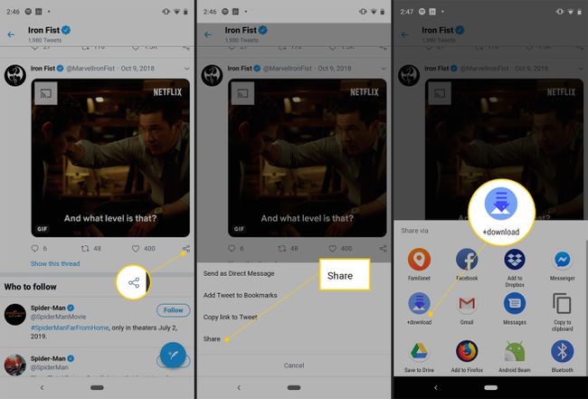 Ikona sdílení, odkaz Sdílet a tlačítko +stáhnout v systému Android