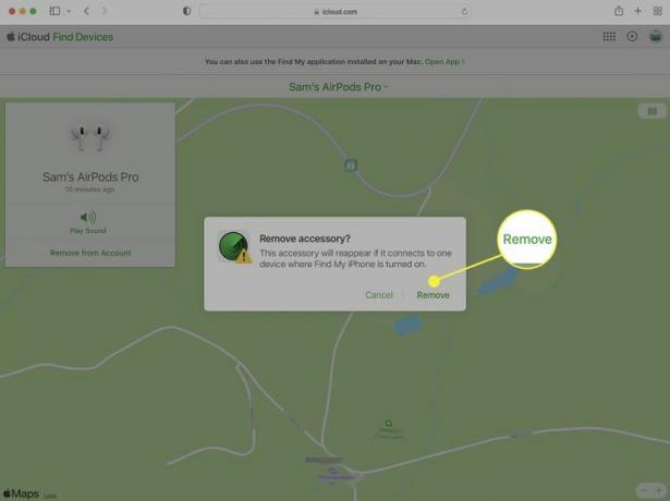 Druga instanca gumba Ukloni istaknuta u aplikaciji Find My na web-mjestu iCloud.com. Prikaz je iz preglednika Safari na Macu.