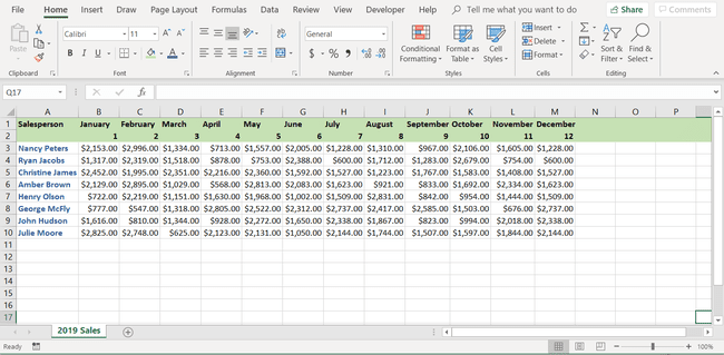 Ein Screenshot einer neuen nummerierten Zeile unter der Überschrift in Excel.